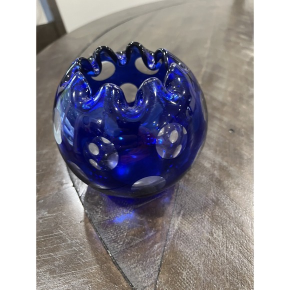 Cobalt Blue Cut to Clear Art Glass Rose‎ Bowl Vase Dots Ruffled Top 4" - Picture 4 of 9